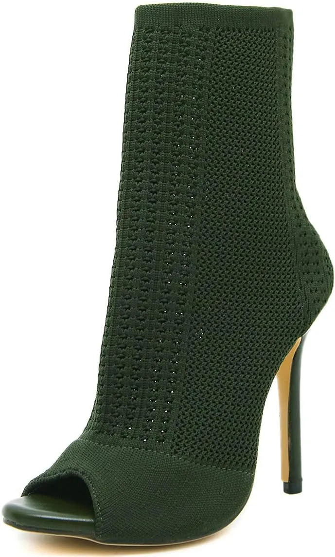 Trendenzy Women's Peep Toe Knit Sock Booties Sexy Stiletto High Heels Ankle Boots