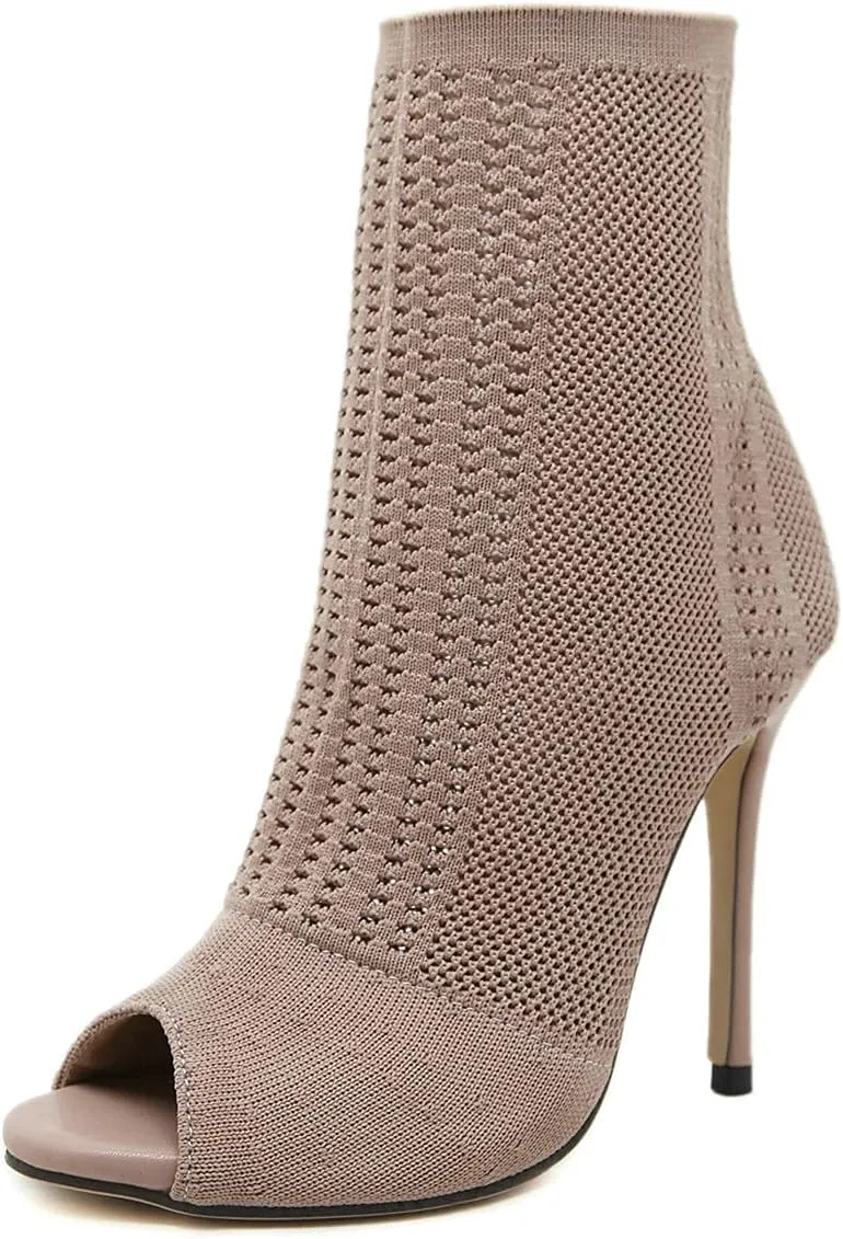 Trendenzy Women's Peep Toe Knit Sock Booties Sexy Stiletto High Heels Ankle Boots