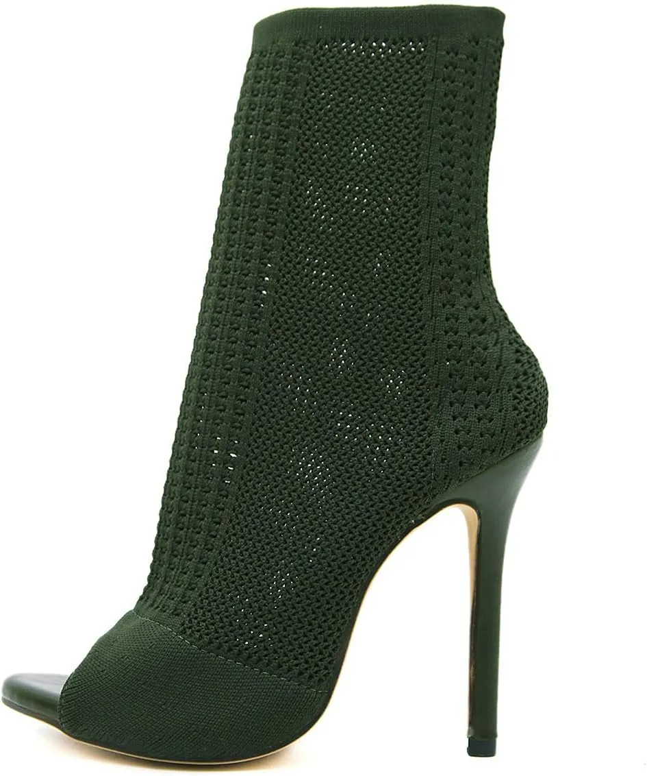 Trendenzy Women's Peep Toe Knit Sock Booties Sexy Stiletto High Heels Ankle Boots