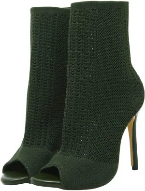 Trendenzy Women's Peep Toe Knit Sock Booties Sexy Stiletto High Heels Ankle Boots