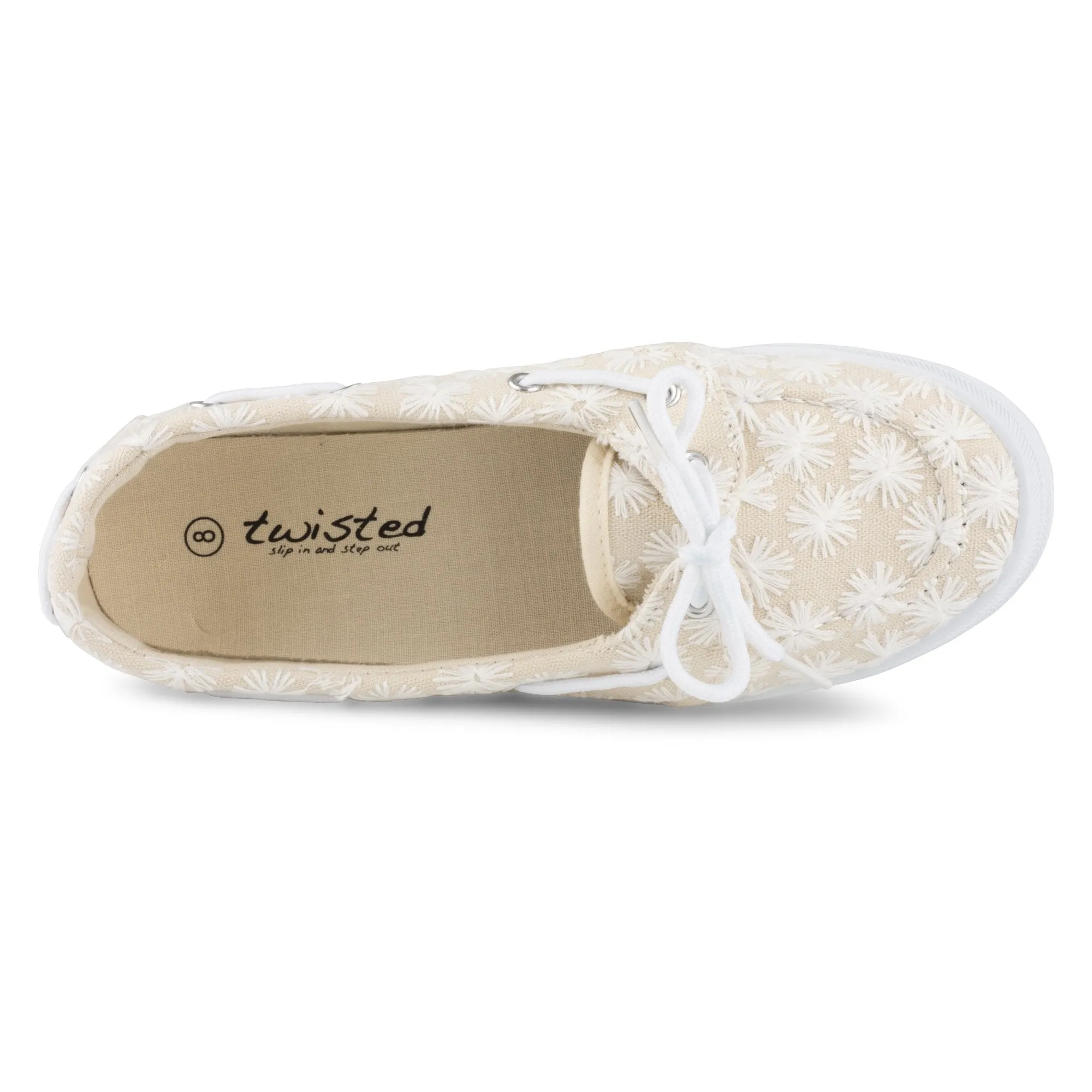 Twisted Women's Floral Embroidered Canvas Boat Shoe, Natural, 7