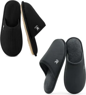 VeraCosy Couple’s Set of 2 Pairs - Women's Terry Cloth Scuff Slippers (Siize7-8, Black) - Men's Knit Scuff Slippers (Size11-12, Gray)