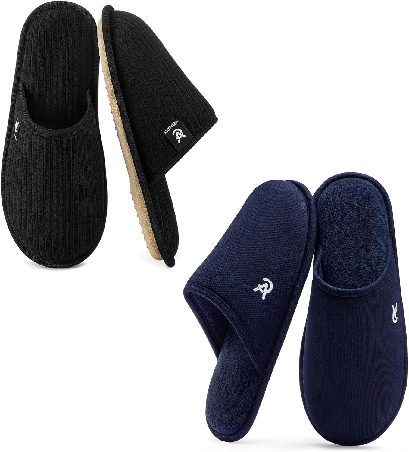 VeraCosy Couple’s Set of 2 Pairs - Women's Terry Cloth Scuff Slippers (Siize7-8, Black) - Men's Knit Scuff Slippers (Size9-10, Blue)