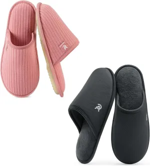 VeraCosy Couple’s Set of 2 Pairs - Women's Terry Cloth Scuff Slippers (Siize7-8, Pink) - Men's Knit Scuff Slippers (Size11-12, Gray)