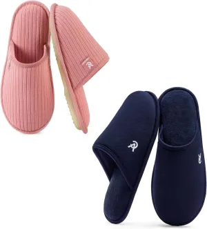 VeraCosy Couple’s Set of 2 Pairs - Women's Terry Cloth Scuff Slippers (Siize7-8, Pink) - Men's Knit Scuff Slippers (Size9-10, Blue)
