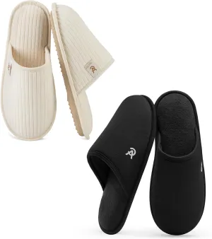 VeraCosy Couple’s Set of 2 Pairs - Women's Terry Cloth Scuff Slippers (Siize7-8, White) - Men's Knit Scuff Slippers (Size11-12, Black)