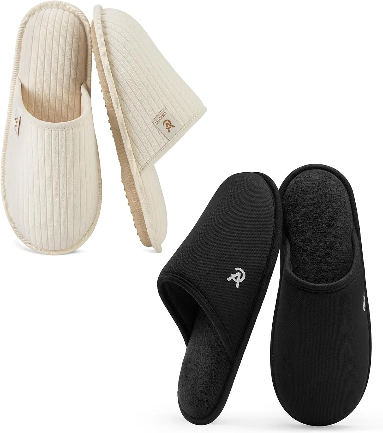 VeraCosy Couple’s Set of 2 Pairs - Women's Terry Cloth Scuff Slippers (Siize7-8, White) - Men's Knit Scuff Slippers (Size11-12, Black)