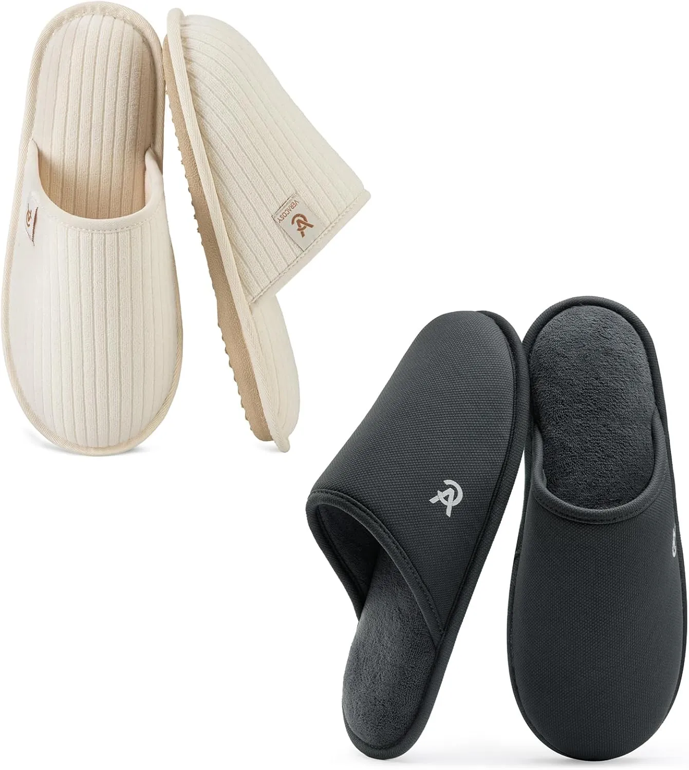 VeraCosy Couple’s Set of 2 Pairs - Women's Terry Cloth Scuff Slippers (Siize7-8, White) - Men's Knit Scuff Slippers (Size11-12, Gray)