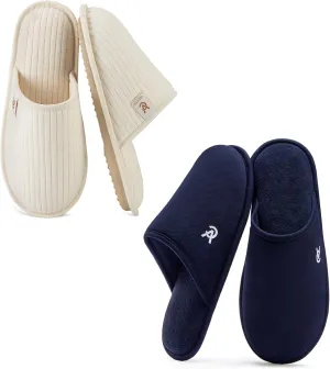 VeraCosy Couple’s Set of 2 Pairs - Women's Terry Cloth Scuff Slippers (Siize7-8, White) - Men's Knit Scuff Slippers (Size9-10, Blue)