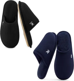 VeraCosy Couple’s Set of 2 Pairs - Women's Terry Cloth Scuff Slippers (Siize9-10, Black) - Men's Knit Scuff Slippers (Size9-10, Blue)