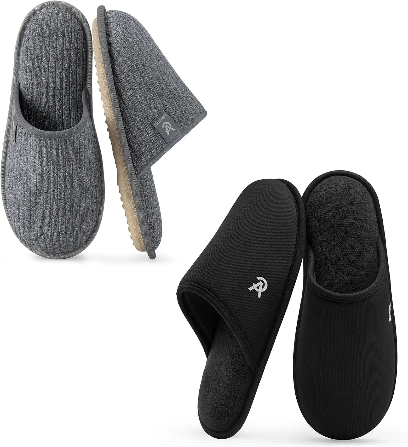 VeraCosy Couple’s Set of 2 Pairs - Women's Terry Cloth Scuff Slippers (Siize9-10, Gray) - Men's Knit Scuff Slippers (Size11-12, Black)