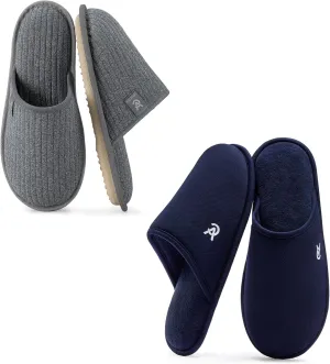 VeraCosy Couple’s Set of 2 Pairs - Women's Terry Cloth Scuff Slippers (Siize9-10, Gray) - Men's Knit Scuff Slippers (Size9-10, Blue)