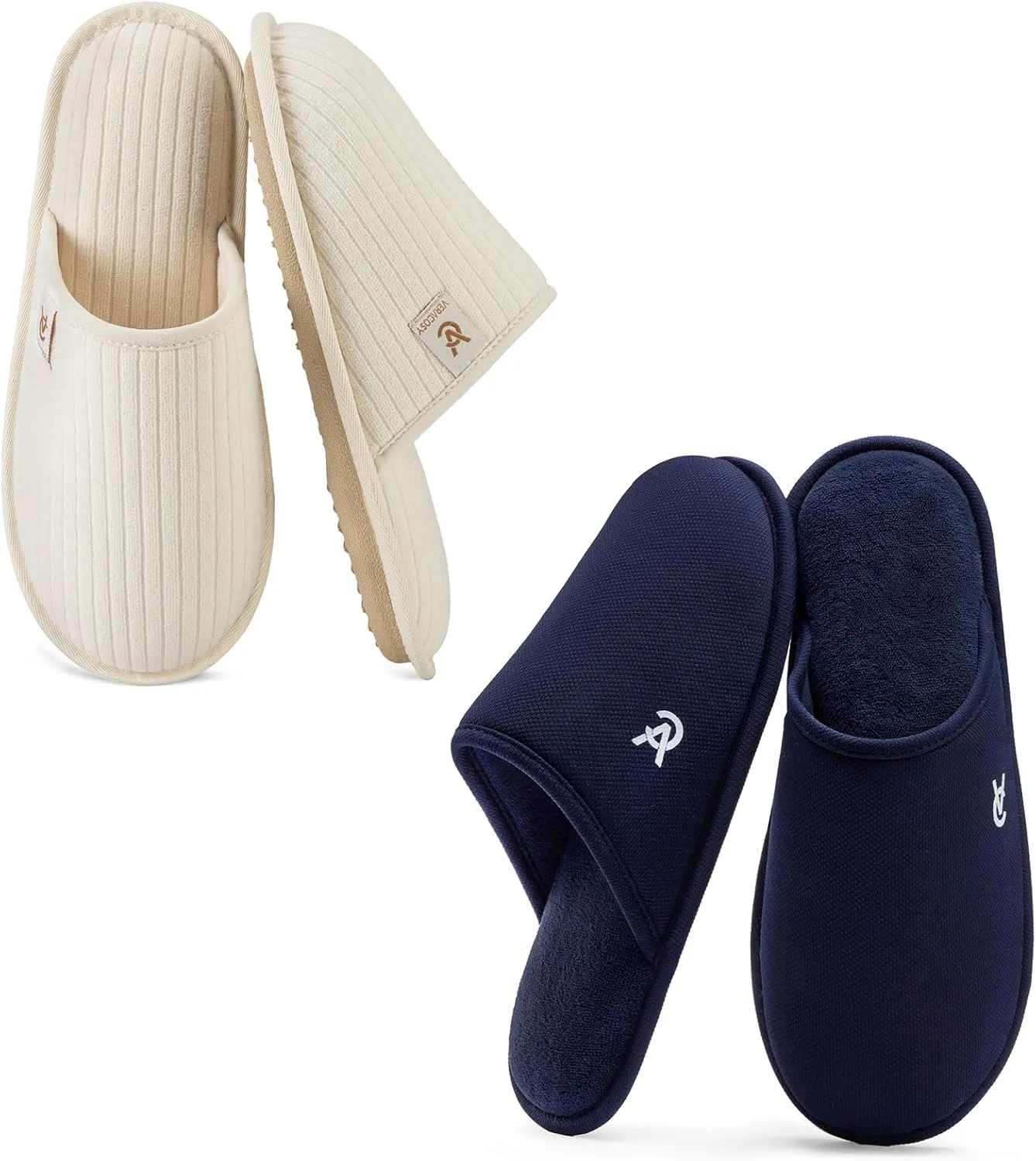 VeraCosy Couple’s Set of 2 Pairs - Women's Terry Cloth Scuff Slippers (Siize9-10, White) - Men's Knit Scuff Slippers (Size9-10, Blue)