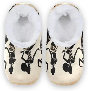 Vintage African Black Women Fuzzy Memory Foam Closed Back Slippers for Women Men Knit Fleece Lined House Shoes with Anti-Skid Sole Warm Socks for Outdoor Bedroom Hotel Indoor