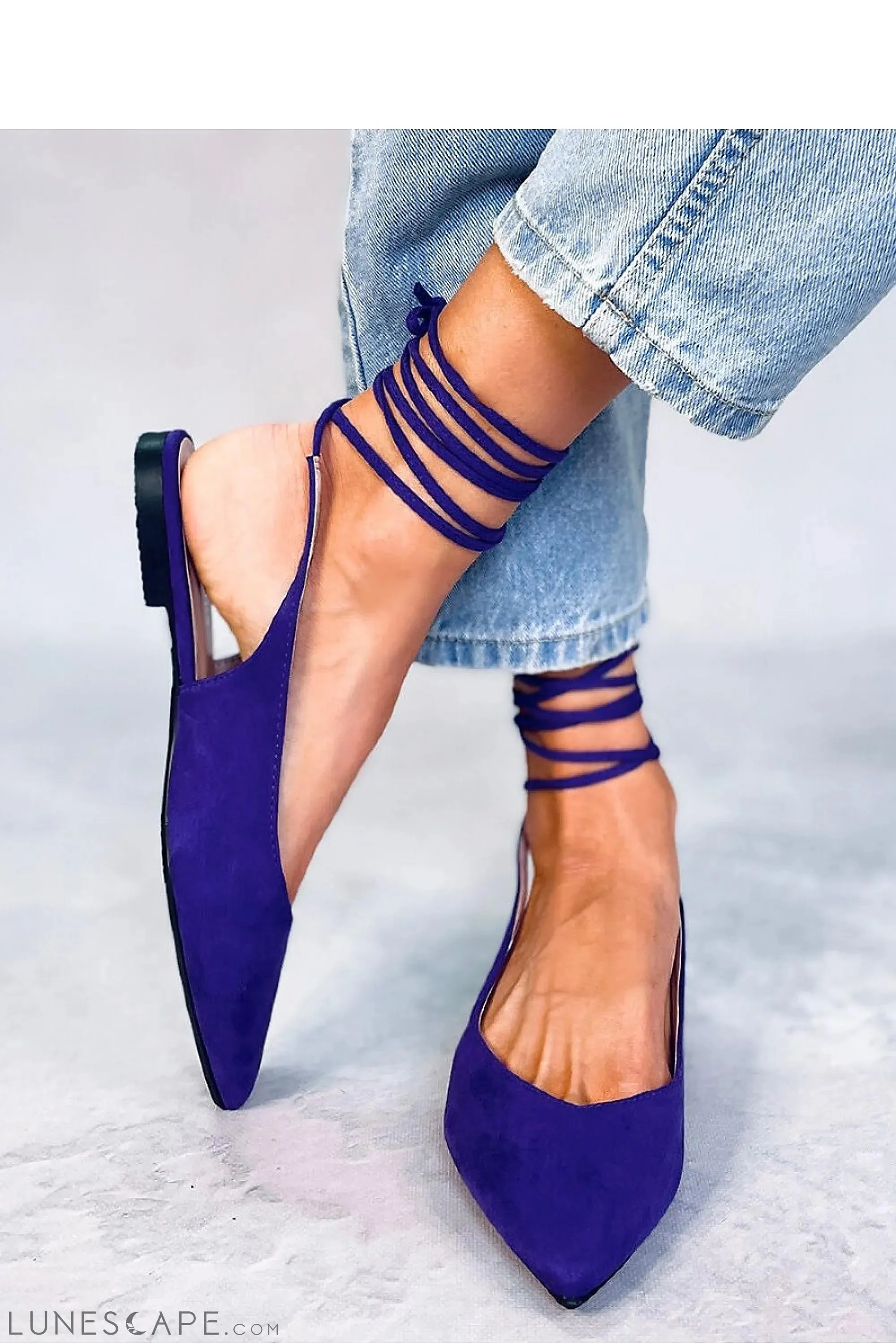 Violet Eco-Suede Pointed Flats with Sculptural Ankle Laces