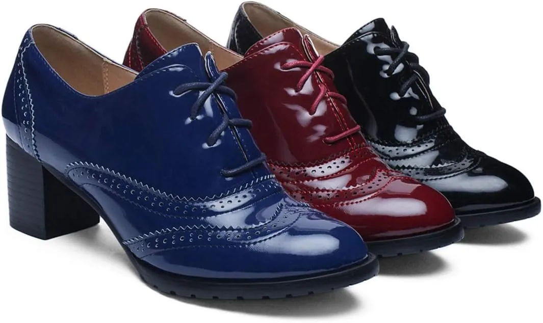 VOKLIN Women's Chunky Block Heel Pump Oxfords Wingtip Lace Up Patent Leather Vintage Brogues Dress Shoes