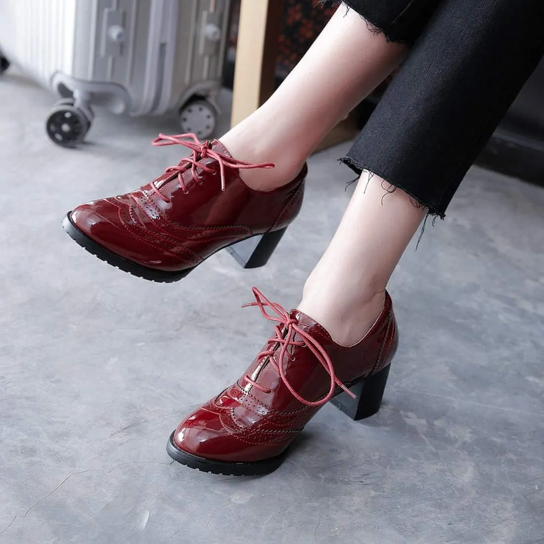 VOKLIN Women's Chunky Block Heel Pump Oxfords Wingtip Lace Up Patent Leather Vintage Brogues Dress Shoes