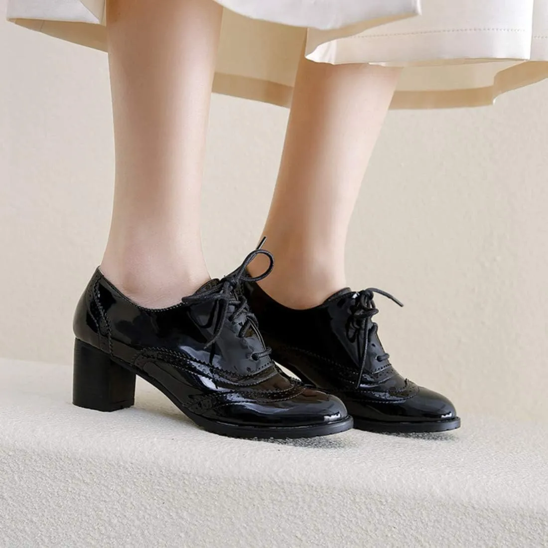 VOKLIN Women's Chunky Block Heel Pump Oxfords Wingtip Lace Up Patent Leather Vintage Brogues Dress Shoes