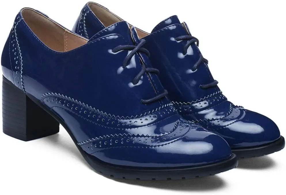 VOKLIN Women's Chunky Block Heel Pump Oxfords Wingtip Lace Up Patent Leather Vintage Brogues Dress Shoes