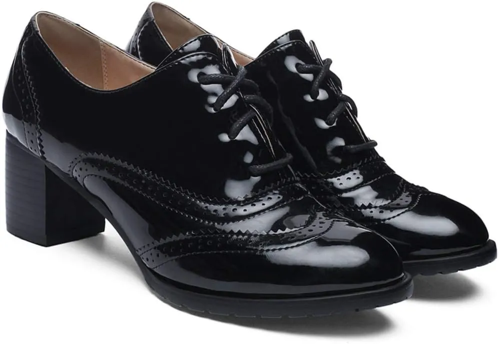 VOKLIN Women's Chunky Block Heel Pump Oxfords Wingtip Lace Up Patent Leather Vintage Brogues Dress Shoes
