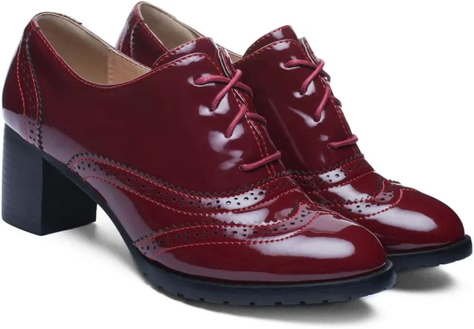 VOKLIN Women's Chunky Block Heel Pump Oxfords Wingtip Lace Up Patent Leather Vintage Brogues Dress Shoes