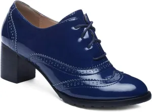VOKLIN Women's Chunky Block Heel Pump Oxfords Wingtip Lace Up Patent Leather Vintage Brogues Dress Shoes