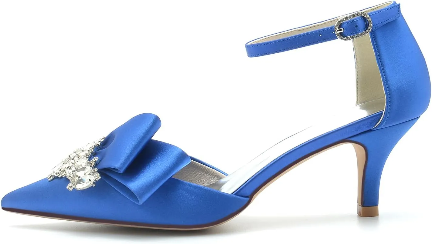 VULTRO Women's Rhinestone High Heels Closed Toe Mid Kitten Heel Ankle Strap Buckle Wedding Bridal Dress Shoes