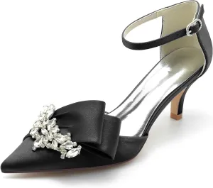 VULTRO Women's Rhinestone High Heels Closed Toe Mid Kitten Heel Ankle Strap Buckle Wedding Bridal Dress Shoes