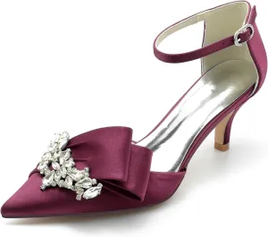 VULTRO Women's Rhinestone High Heels Closed Toe Mid Kitten Heel Ankle Strap Buckle Wedding Bridal Dress Shoes