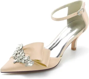 VULTRO Women's Rhinestone High Heels Closed Toe Mid Kitten Heel Ankle Strap Buckle Wedding Bridal Dress Shoes