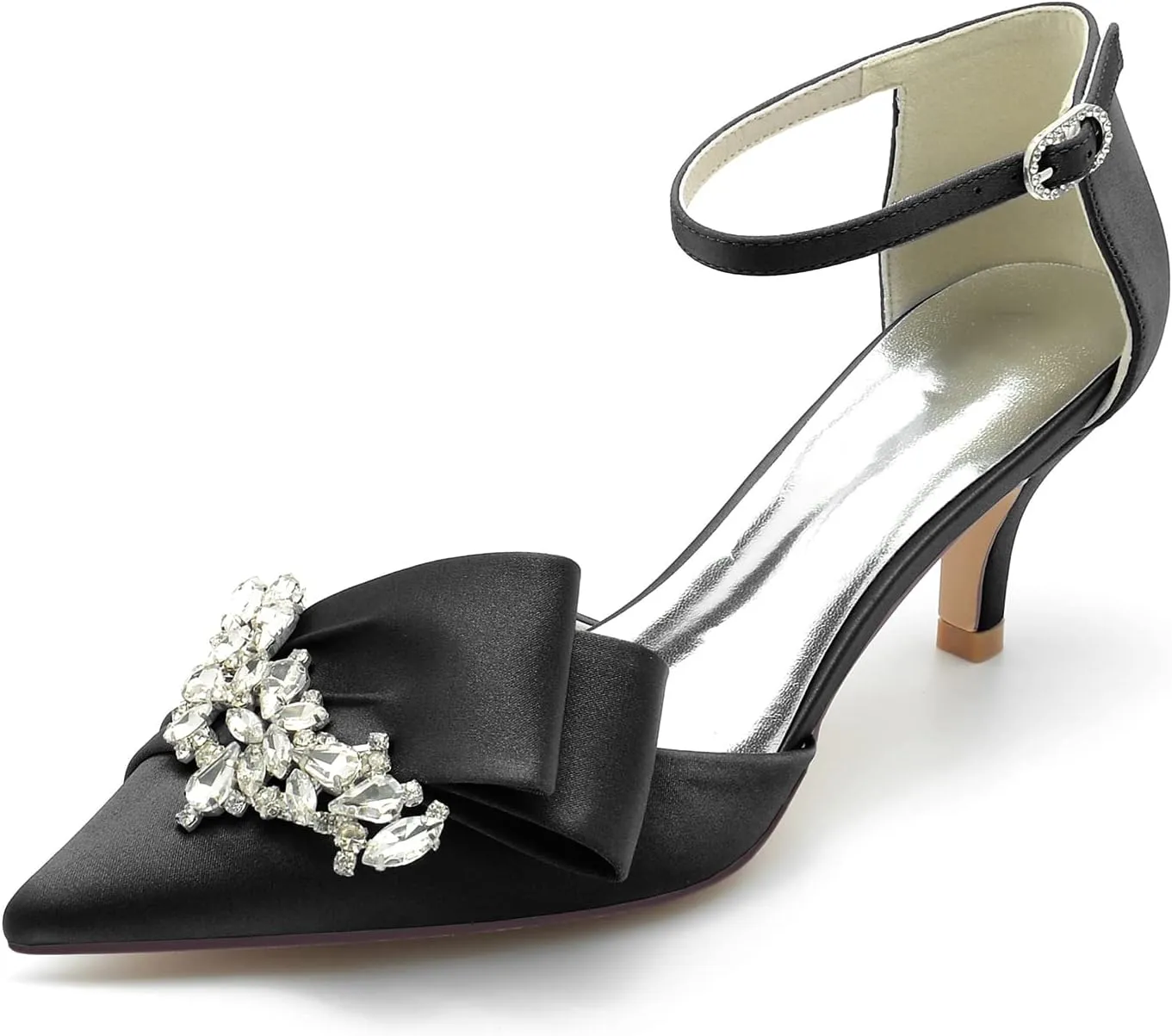 VULTRO Women's Rhinestone High Heels Closed Toe Mid Kitten Heel Ankle Strap Buckle Wedding Bridal Dress Shoes
