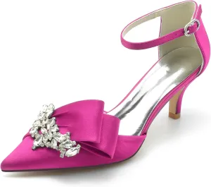 VULTRO Women's Rhinestone High Heels Closed Toe Mid Kitten Heel Ankle Strap Buckle Wedding Bridal Dress Shoes