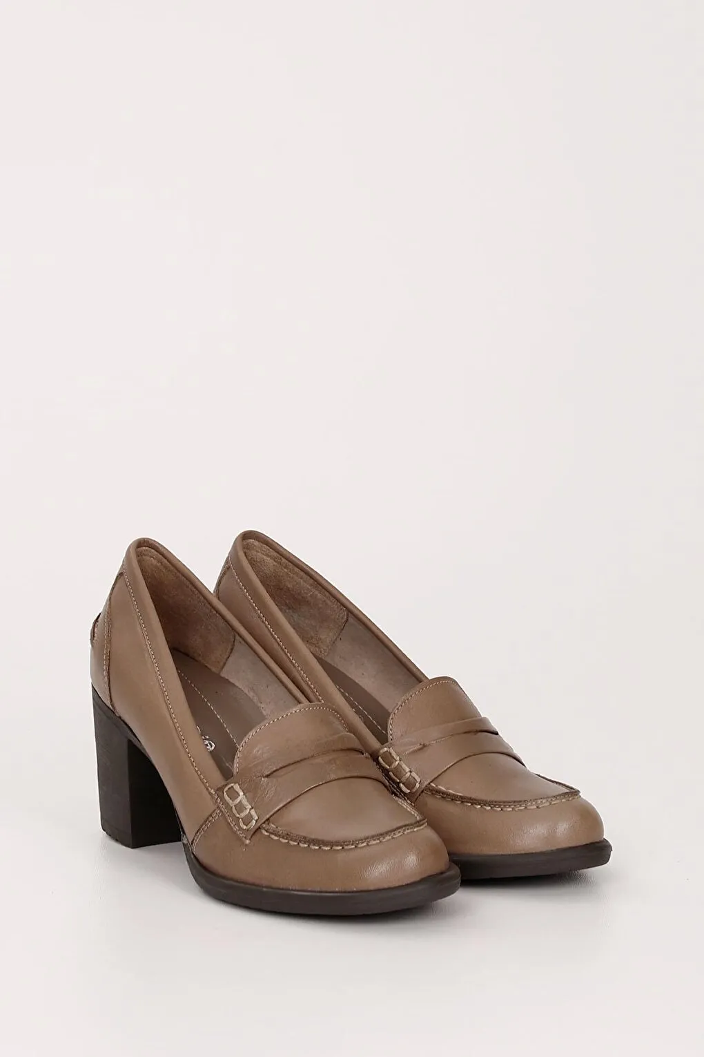 VİZON Genuine Leather Round Toe Thick Heeled Rubber Sole Loafer Women's Shoes 24072