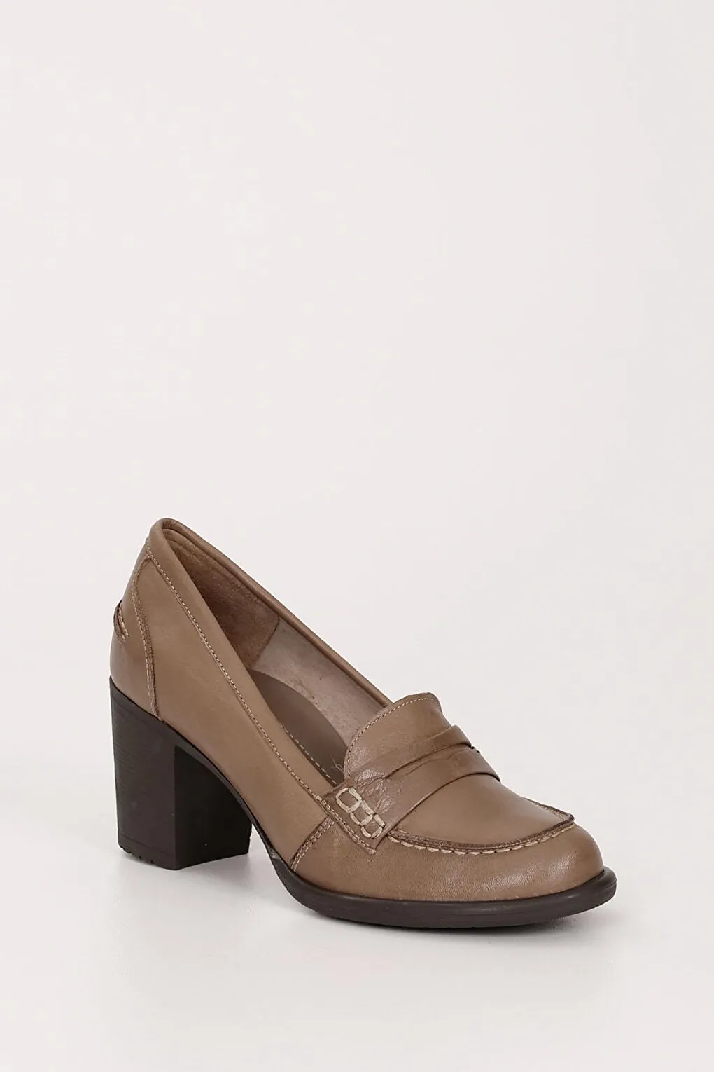VİZON Genuine Leather Round Toe Thick Heeled Rubber Sole Loafer Women's Shoes 24072