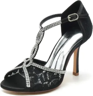 Wedding Bridal Shoes Women Lace Peep Toe High Heel Sandals Rhinestones Stiletto Heel Wedding Evening Dress Shoes 9.5Cm