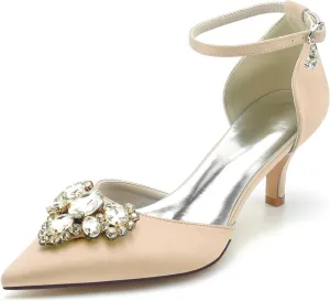 Wedding Shoes for Bride Glitter Wedding Women Ankle Strap Bridal Shoes Closed Toe Crystal Pointed Mid Heel