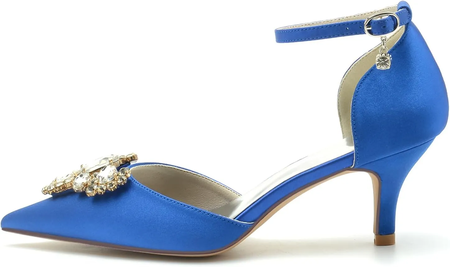Wedding Shoes for Bride Glitter Wedding Women Ankle Strap Bridal Shoes Closed Toe Crystal Pointed Mid Heel