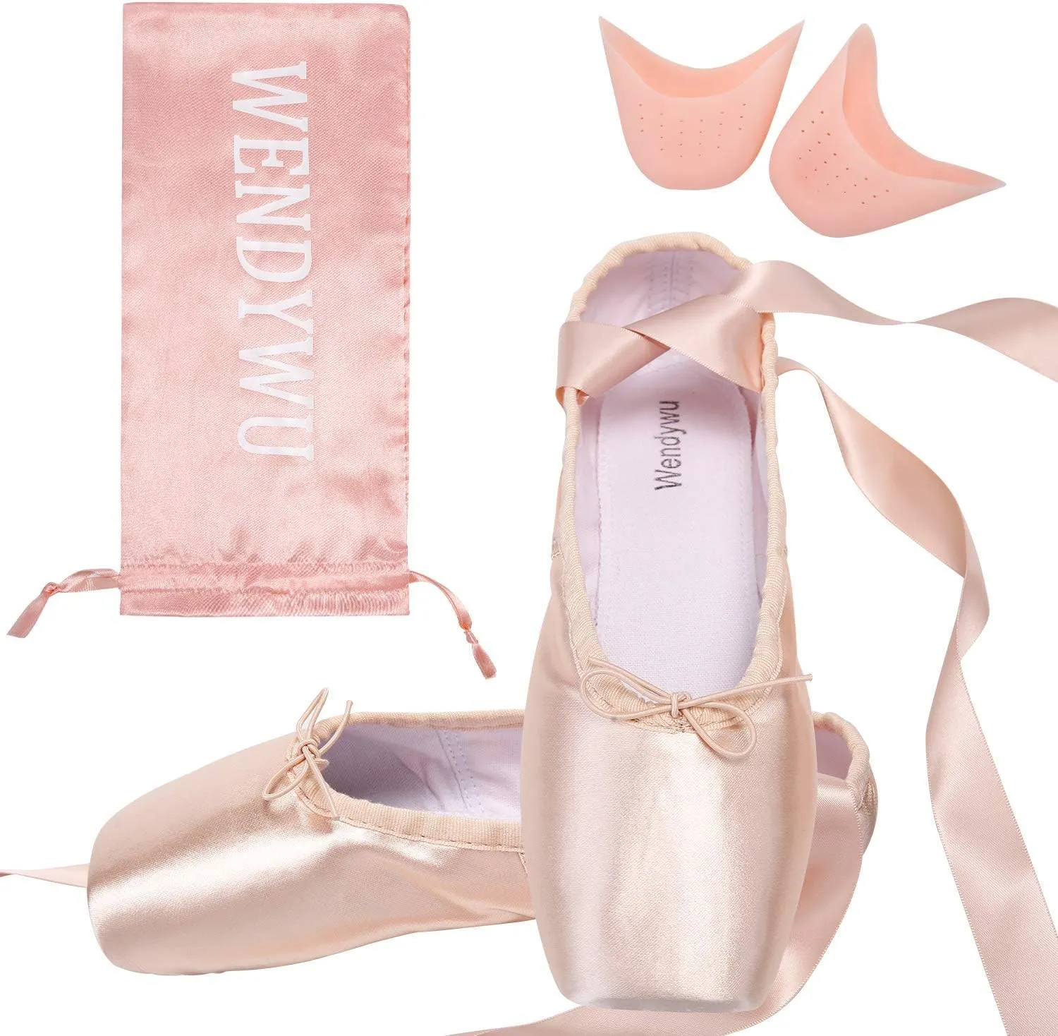 WENDYWU Girls Womens Dance Shoe Pink Ballet Pointe Slippers Ballet Flats Shoes with Ribbons Toe Pads Black Pink Red