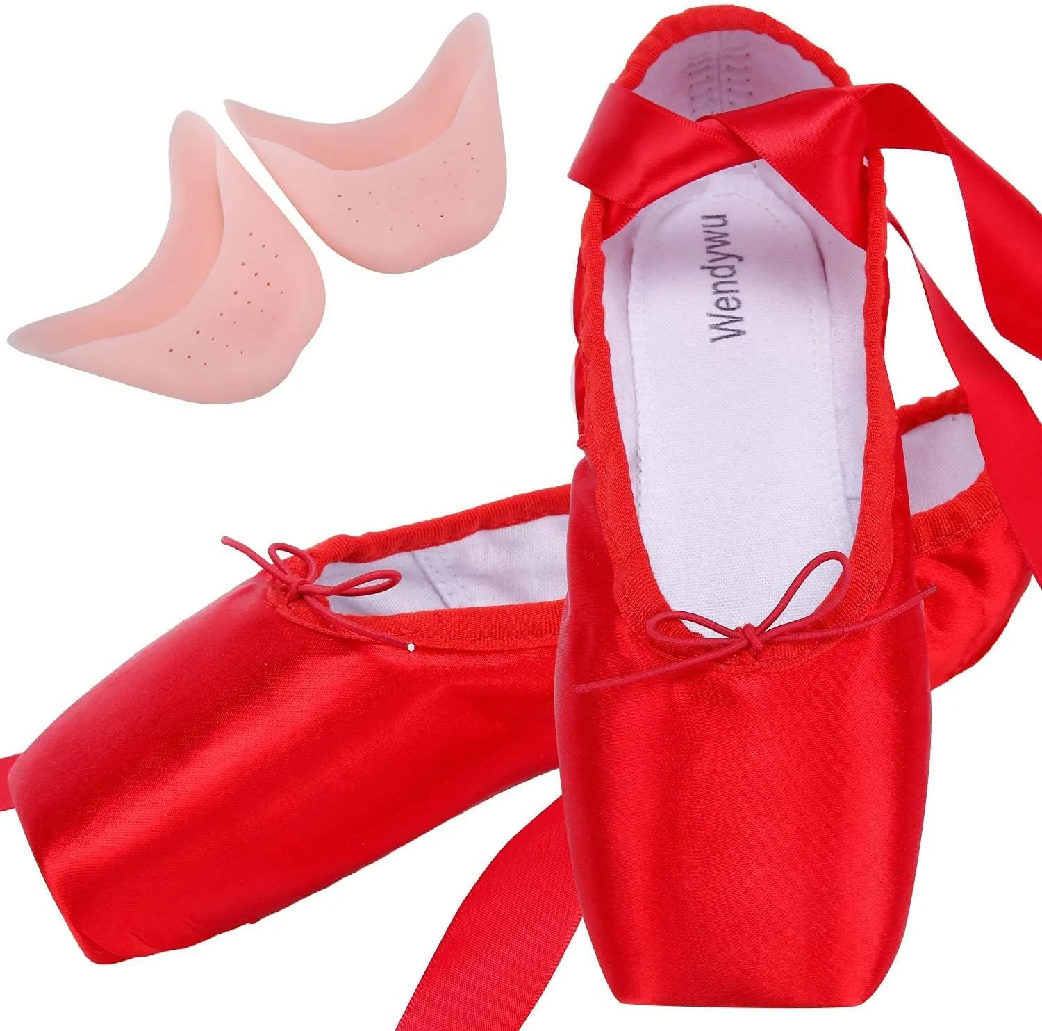 WENDYWU Girls Womens Dance Shoe Pink Ballet Pointe Slippers Ballet Flats Shoes with Ribbons Toe Pads Black Pink Red