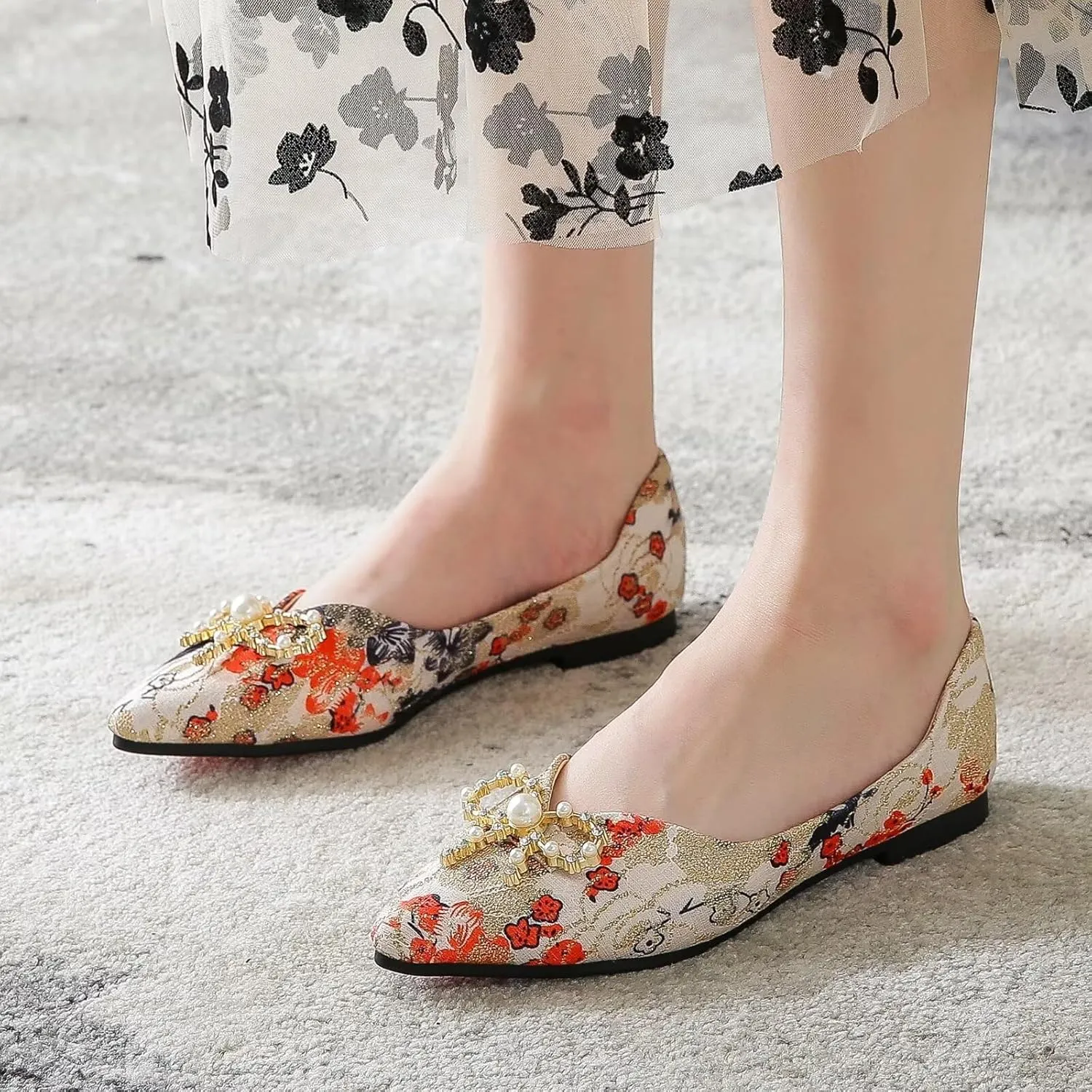 WENJIAZHIZHI Womens Pointed Toe Bow Flats Elegant Floral Print Slip-ons Comfortable Dress Shoes for Party Wedding