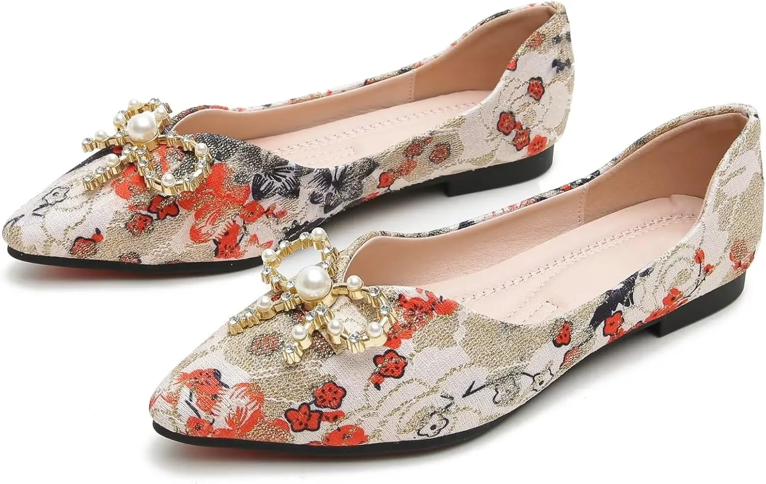 WENJIAZHIZHI Womens Pointed Toe Bow Flats Elegant Floral Print Slip-ons Comfortable Dress Shoes for Party Wedding