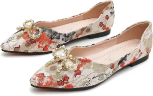 WENJIAZHIZHI Womens Pointed Toe Bow Flats Elegant Floral Print Slip-ons Comfortable Dress Shoes for Party Wedding
