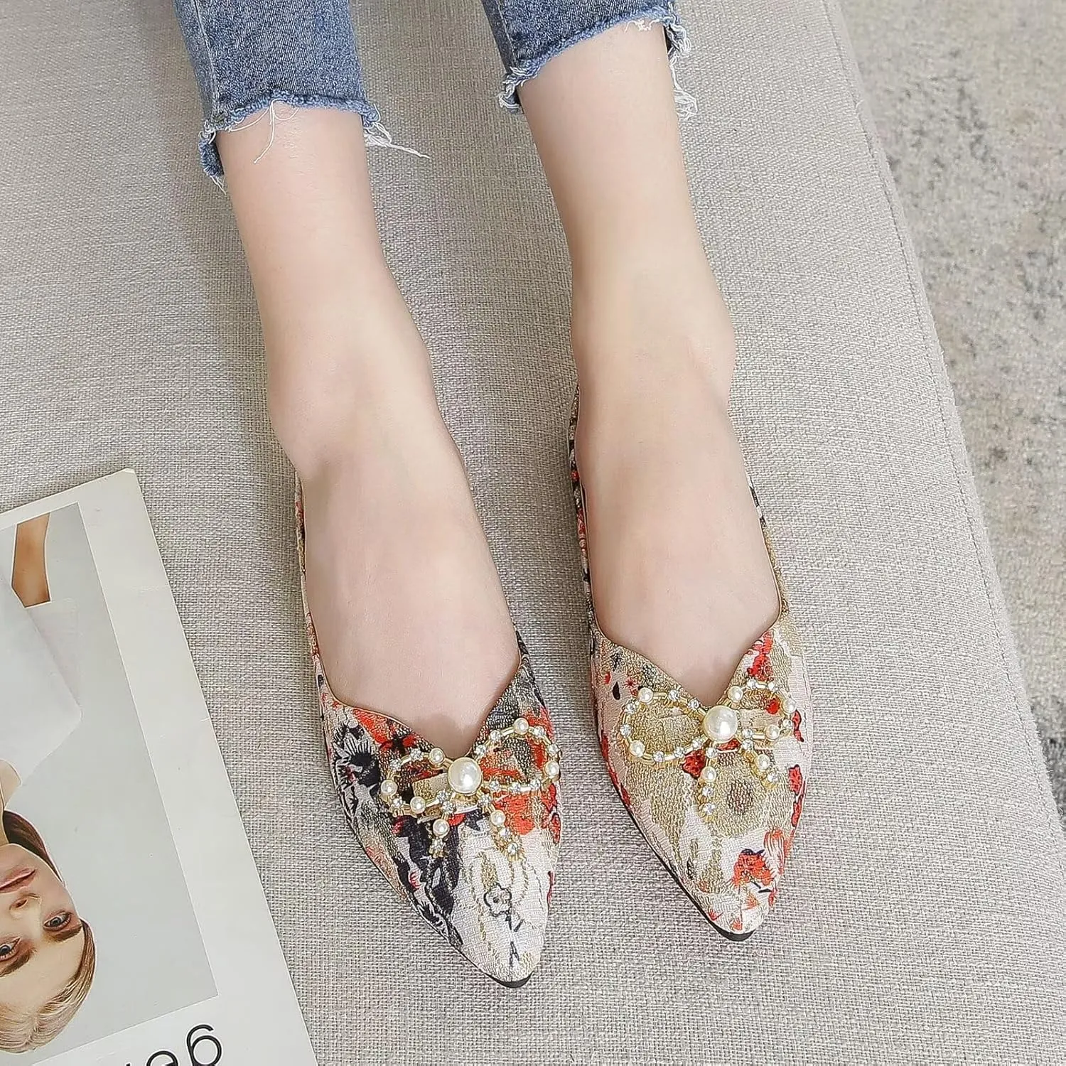 WENJIAZHIZHI Womens Pointed Toe Bow Flats Elegant Floral Print Slip-ons Comfortable Dress Shoes for Party Wedding