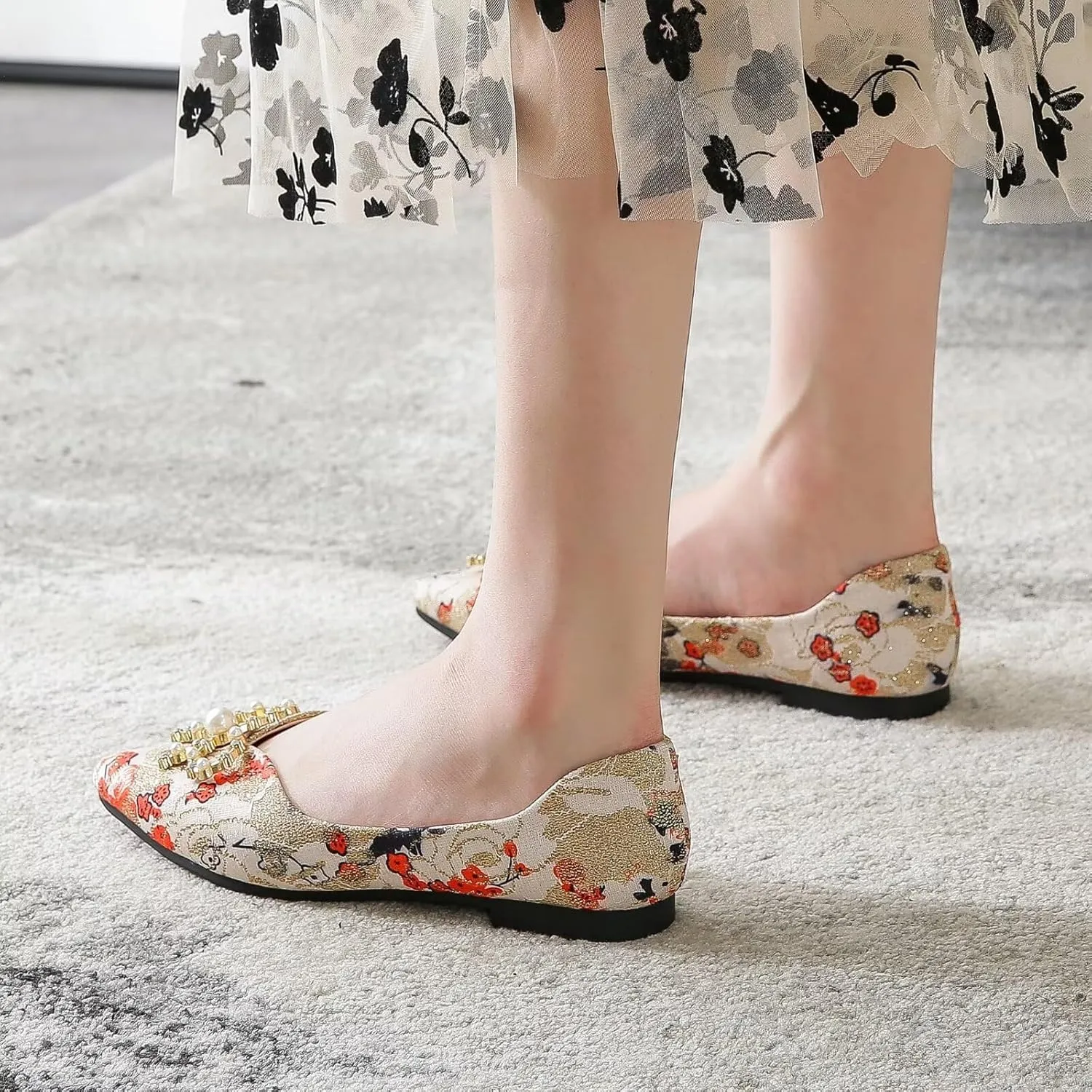 WENJIAZHIZHI Womens Pointed Toe Bow Flats Elegant Floral Print Slip-ons Comfortable Dress Shoes for Party Wedding