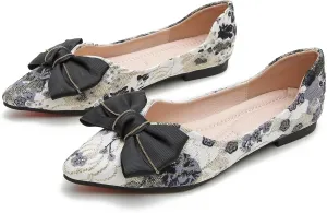 WENJIAZHIZHI Womens Pointed Toe Bow Flats Elegant Floral Print Slip-ons Comfortable Dress Shoes for Party Wedding