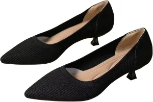 WENJIAZHIZHI Women's Pointy Toe Kitten Heels Classic Knit Pumps for Office Lady Comfortable Wedding Shoes Formal Dress Slip-ons