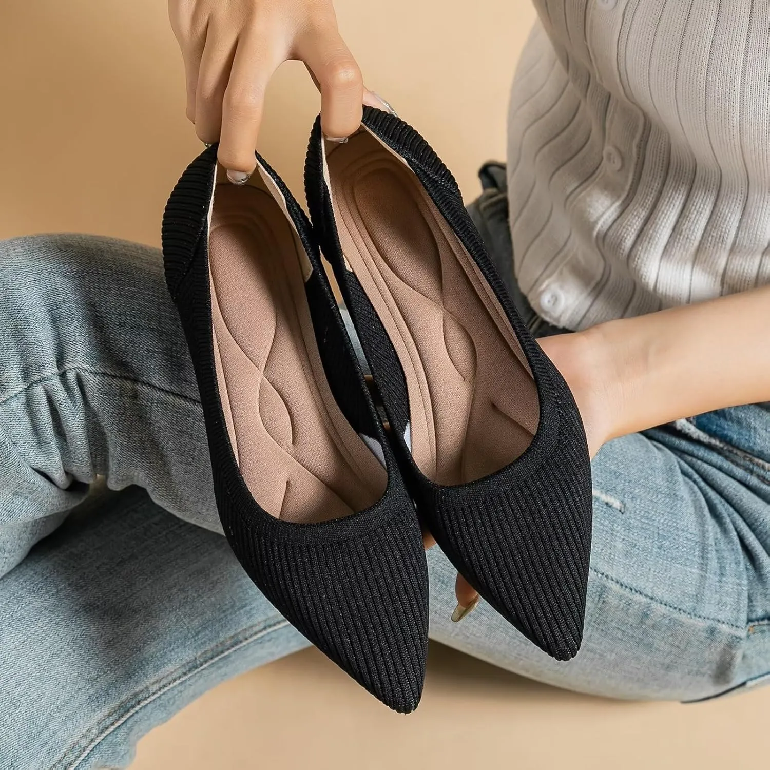 WENJIAZHIZHI Women's Pointy Toe Kitten Heels Classic Knit Pumps for Office Lady Comfortable Wedding Shoes Formal Dress Slip-ons