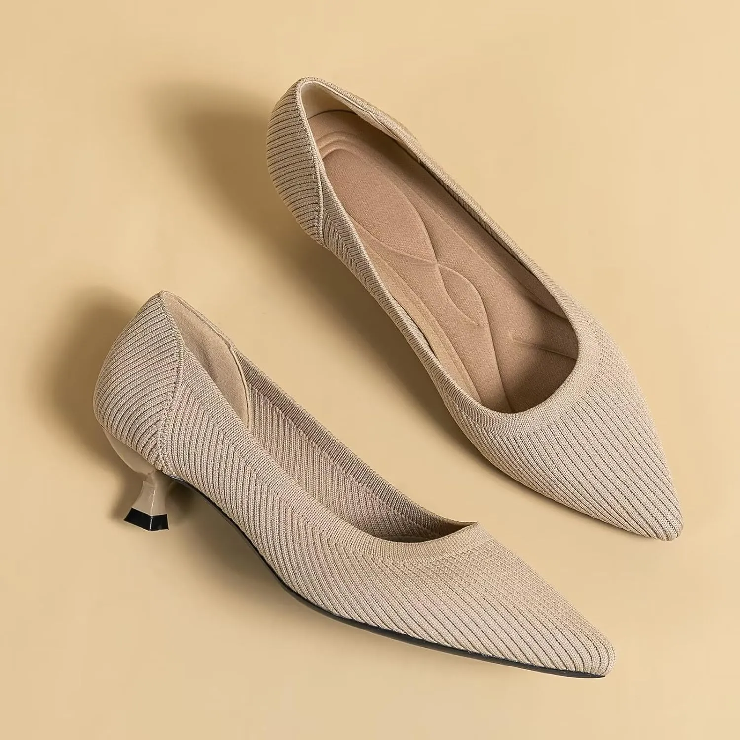 WENJIAZHIZHI Women's Pointy Toe Kitten Heels Classic Knit Pumps for Office Lady Comfortable Wedding Shoes Formal Dress Slip-ons