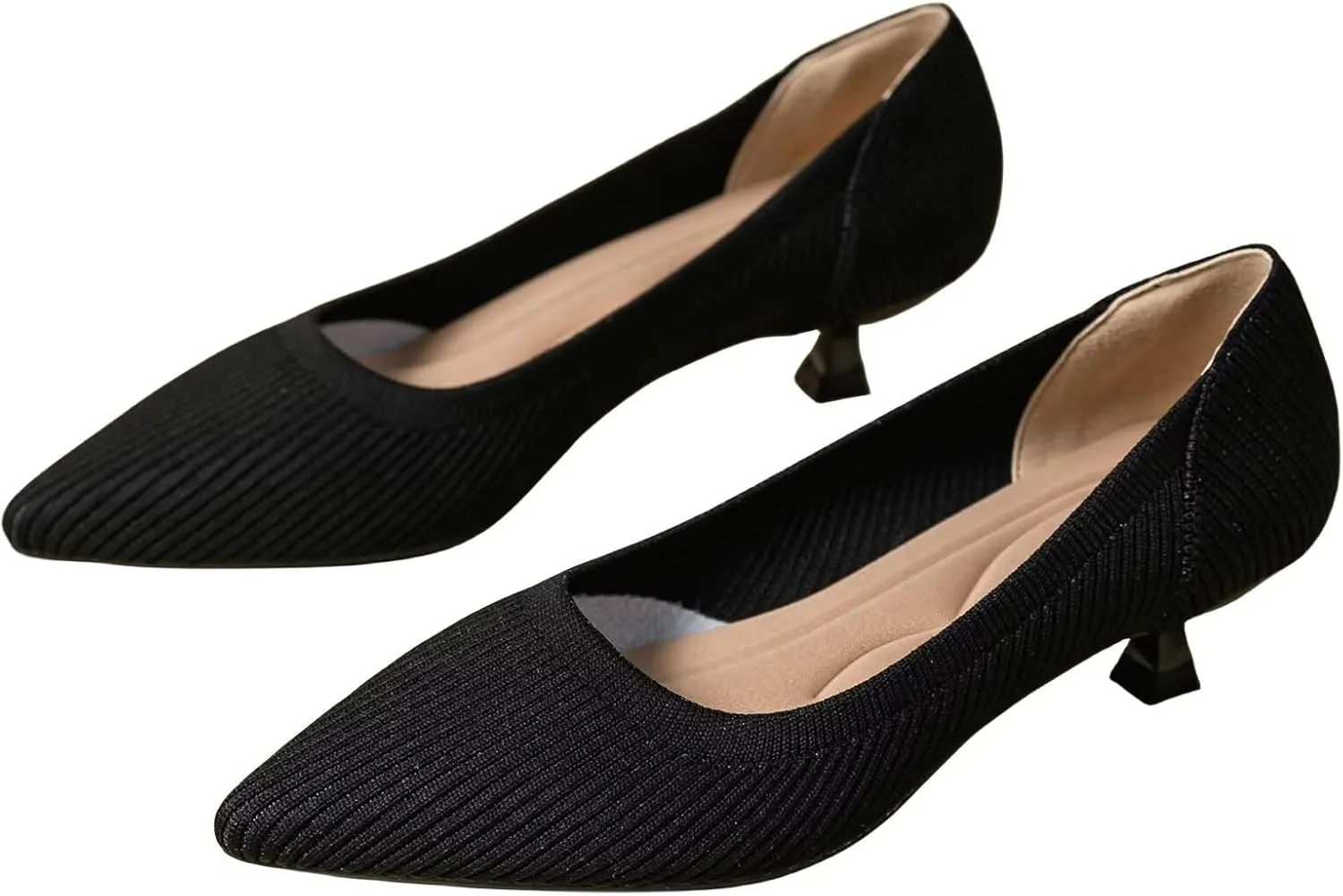 WENJIAZHIZHI Women's Pointy Toe Kitten Heels Classic Knit Pumps for Office Lady Comfortable Wedding Shoes Formal Dress Slip-ons