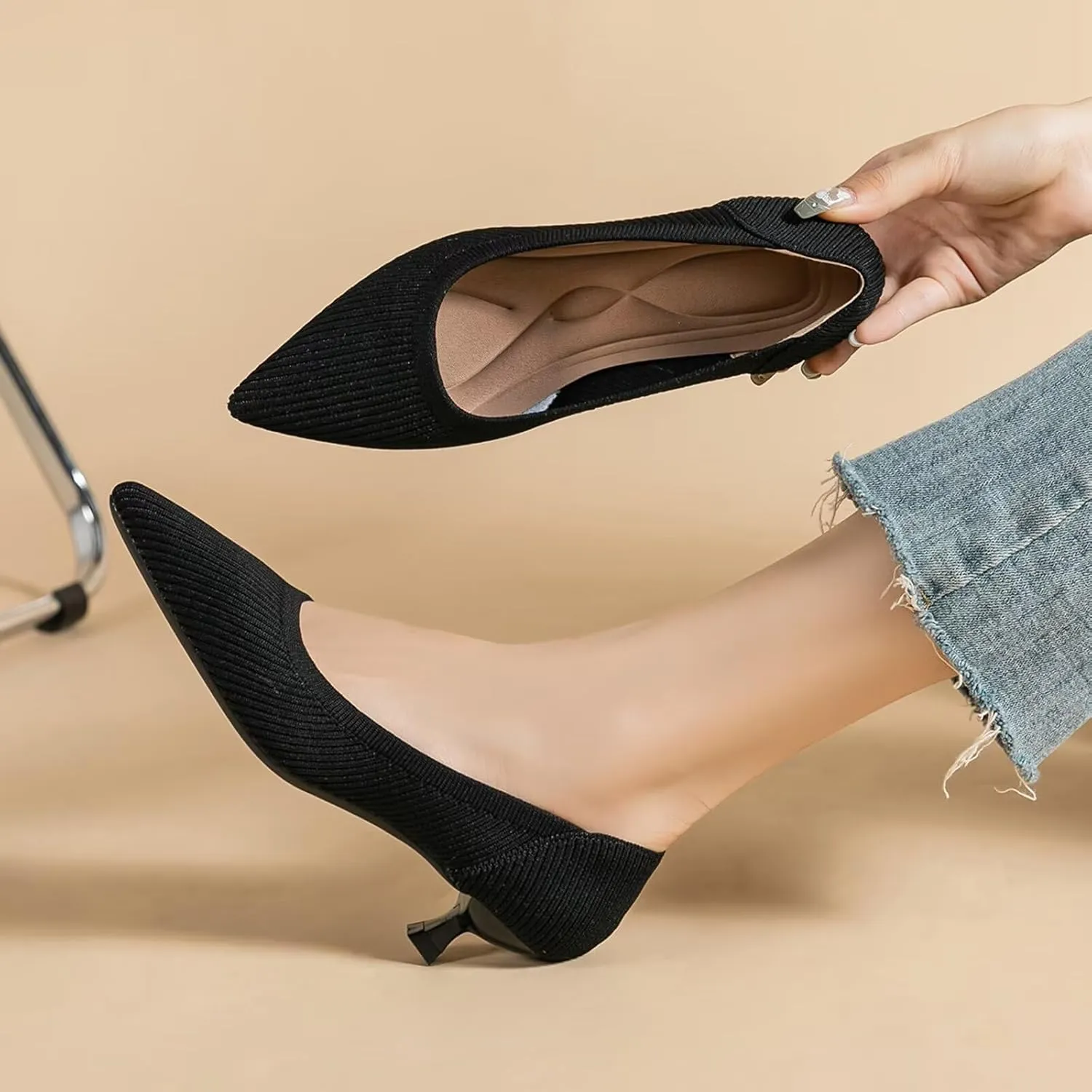 WENJIAZHIZHI Women's Pointy Toe Kitten Heels Classic Knit Pumps for Office Lady Comfortable Wedding Shoes Formal Dress Slip-ons